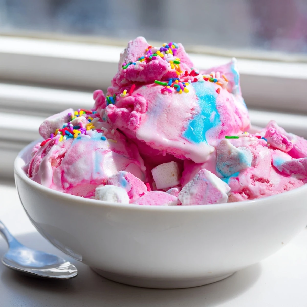 No Churn Bubblegum Ice Cream scoops reveal pink and blue swirls in a loaf pan.
