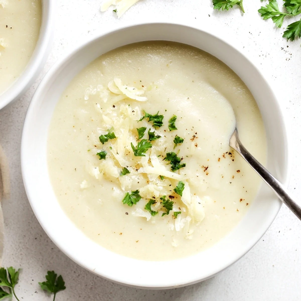 A creamy bowl of Asiago Roasted Garlic Cauliflower Soup garnished with parsley and extra cheese.