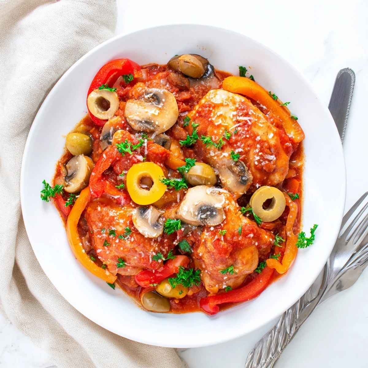 The image shows a hearty Slow Cooker Chicken Cacciatore with tender chicken thighs in a rich red tomato sauce featuring bell peppers and olives.