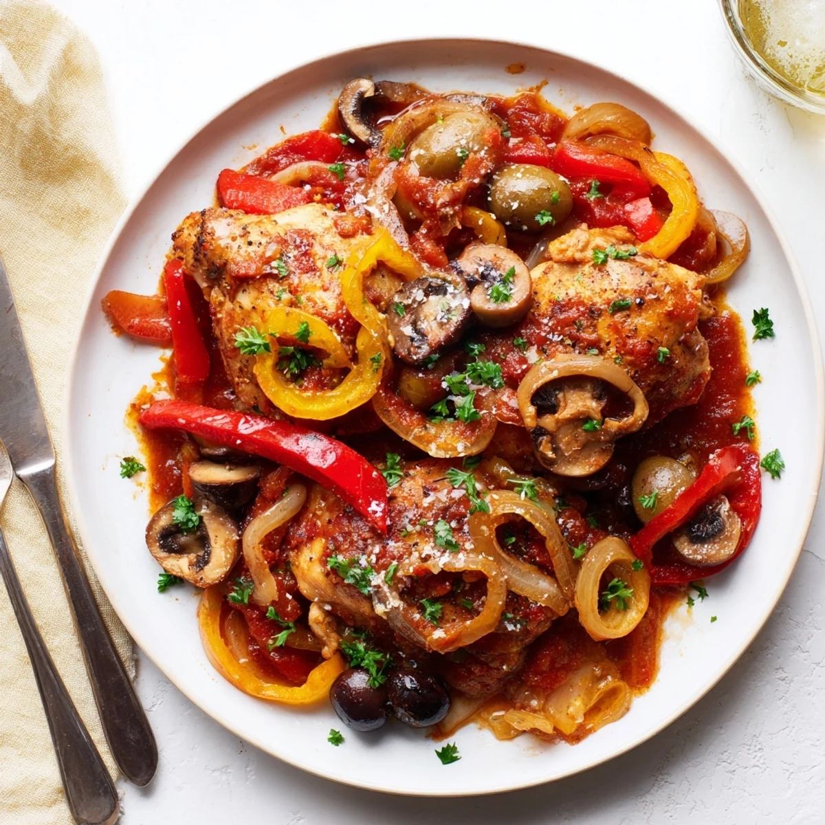 A close up shot of a comforting Slow Cooker Chicken Cacciatore served in a white bowl, garnished with fresh parsley and grated Parmesan cheese.
