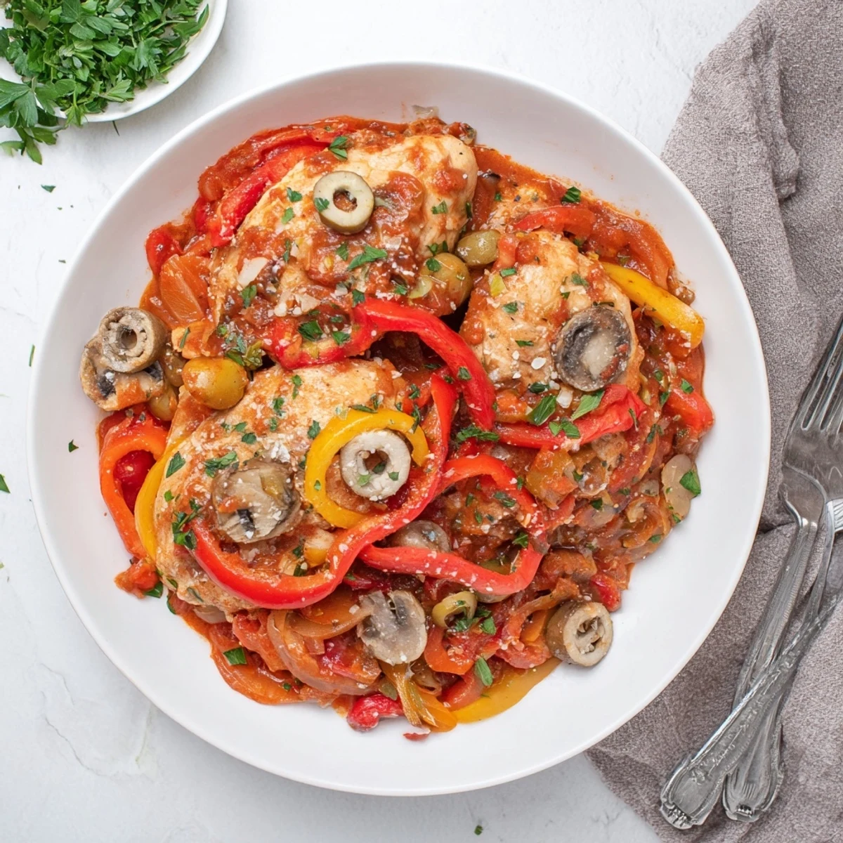 A rustic slow cooker pot filled with cooked Slow Cooker Chicken Cacciatore, showcasing savory meat and vegetables simmered in a red wine sauce.