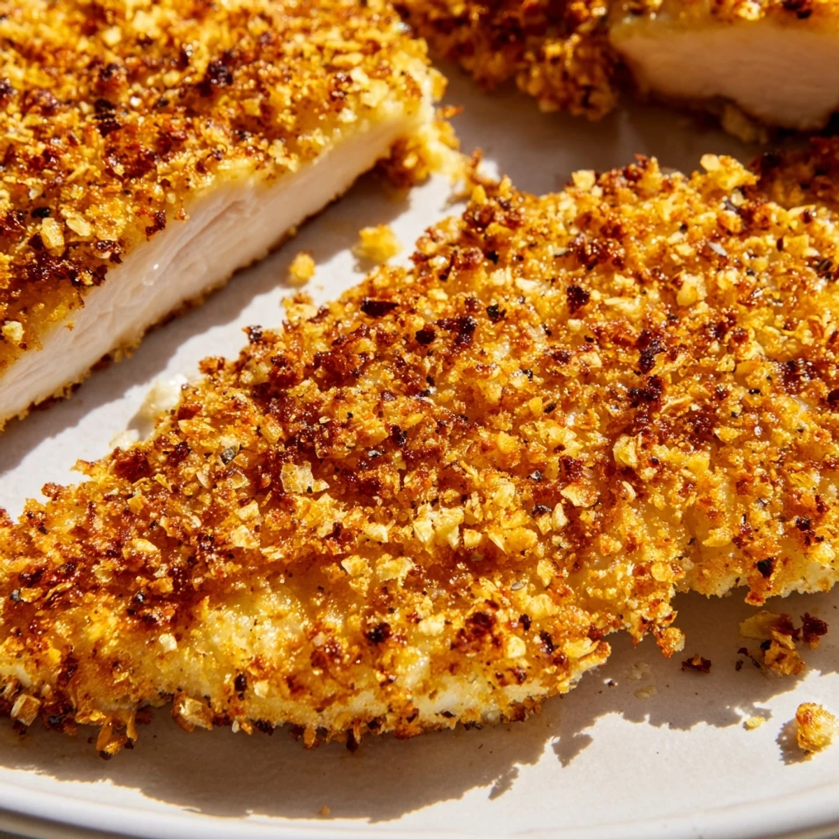 Golden, crispy Air Fryer Parmesan Crusted Chicken breasts served hot with a fresh green salad on the side.