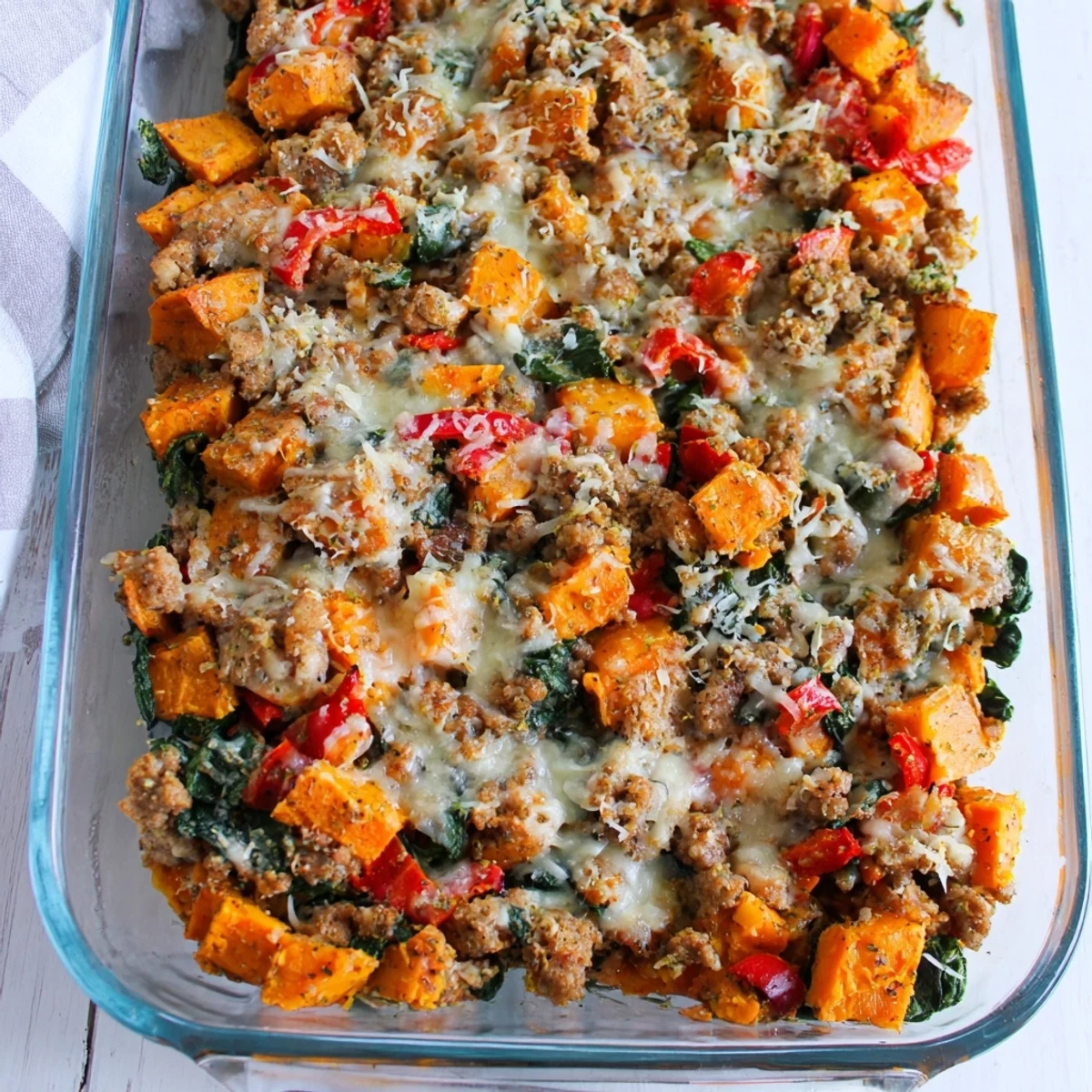 The finished Ground Turkey Sweet Potato Bake shows a bubbly, golden cheese topping over the hearty casserole.