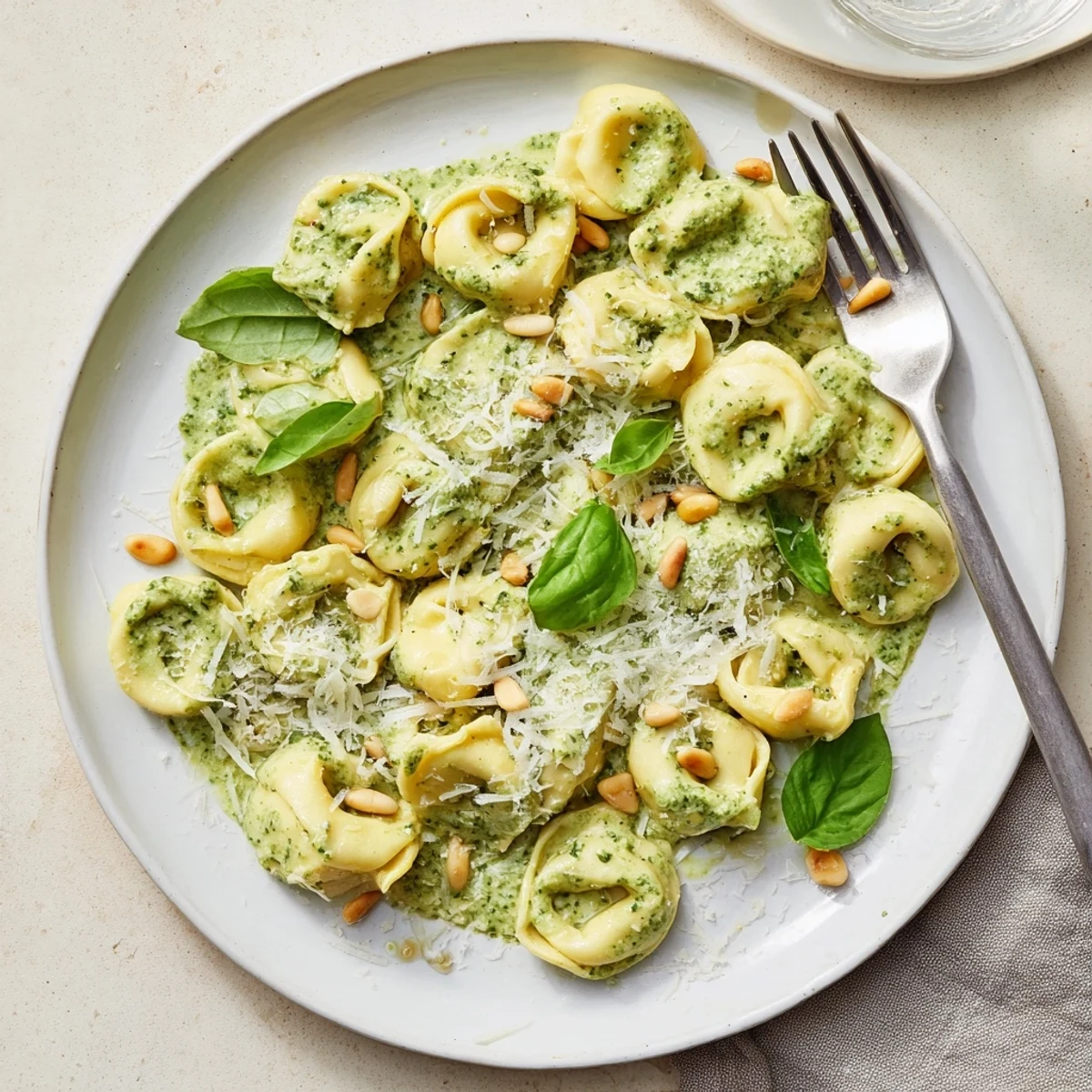 Creamy Pesto Alfredo Tortellini is shown in a white bowl garnished with fresh basil and grated Parmesan.