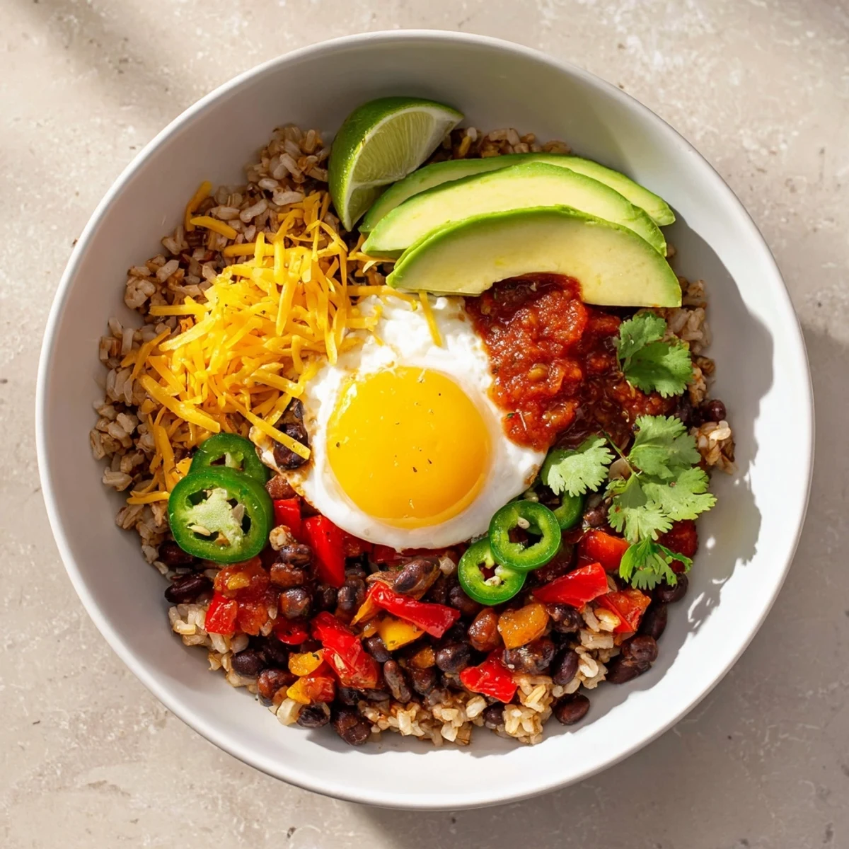 Tex Mex Inspired Breakfast Bowls feature a colorful mix of veggies and melted cheddar cheese.