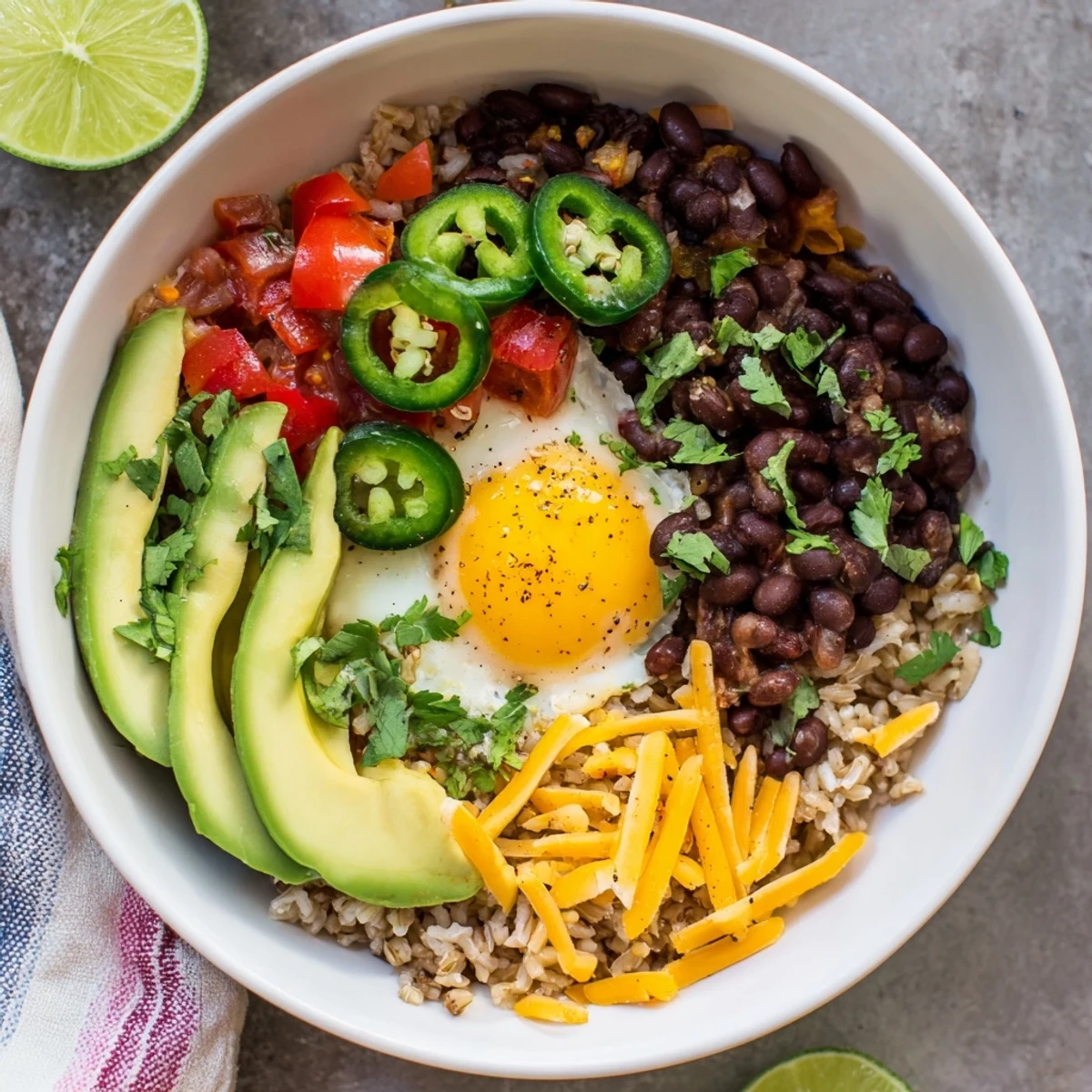 Flavorful Tex Mex Inspired Breakfast Bowls with fluffy eggs, black beans, and creamy avocado slices.