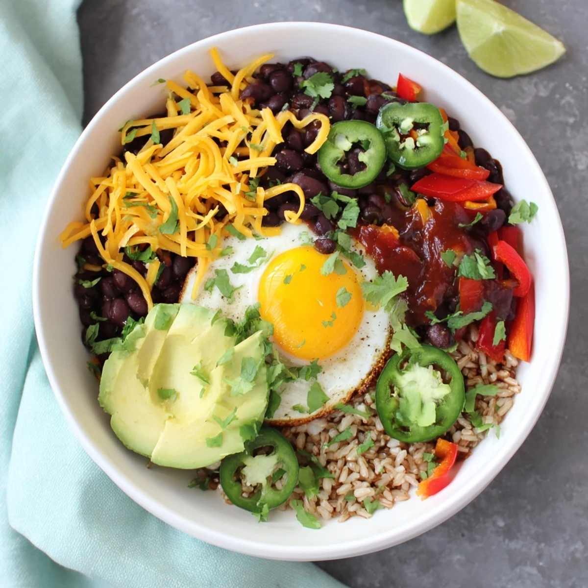 Hearty Tex Mex Inspired Breakfast Bowls topped with fresh salsa, cilantro, and lime wedges for serving.