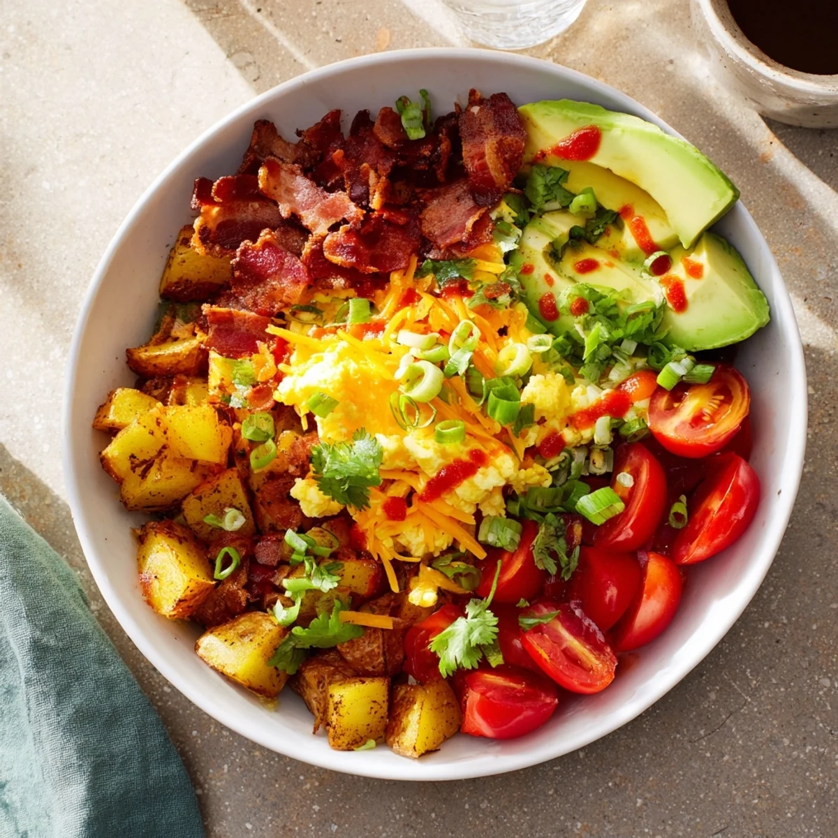 Hearty Loaded Breakfast Bowl with crispy potatoes, scrambled eggs, bacon, cheese, and fresh toppings, served in a rustic ceramic bowl.