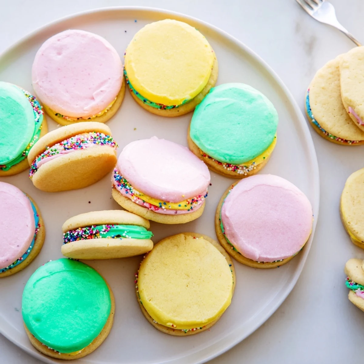 Spring pastel sugar cookie sandwiches with colorful filling, stacked and ready for a festive gathering.