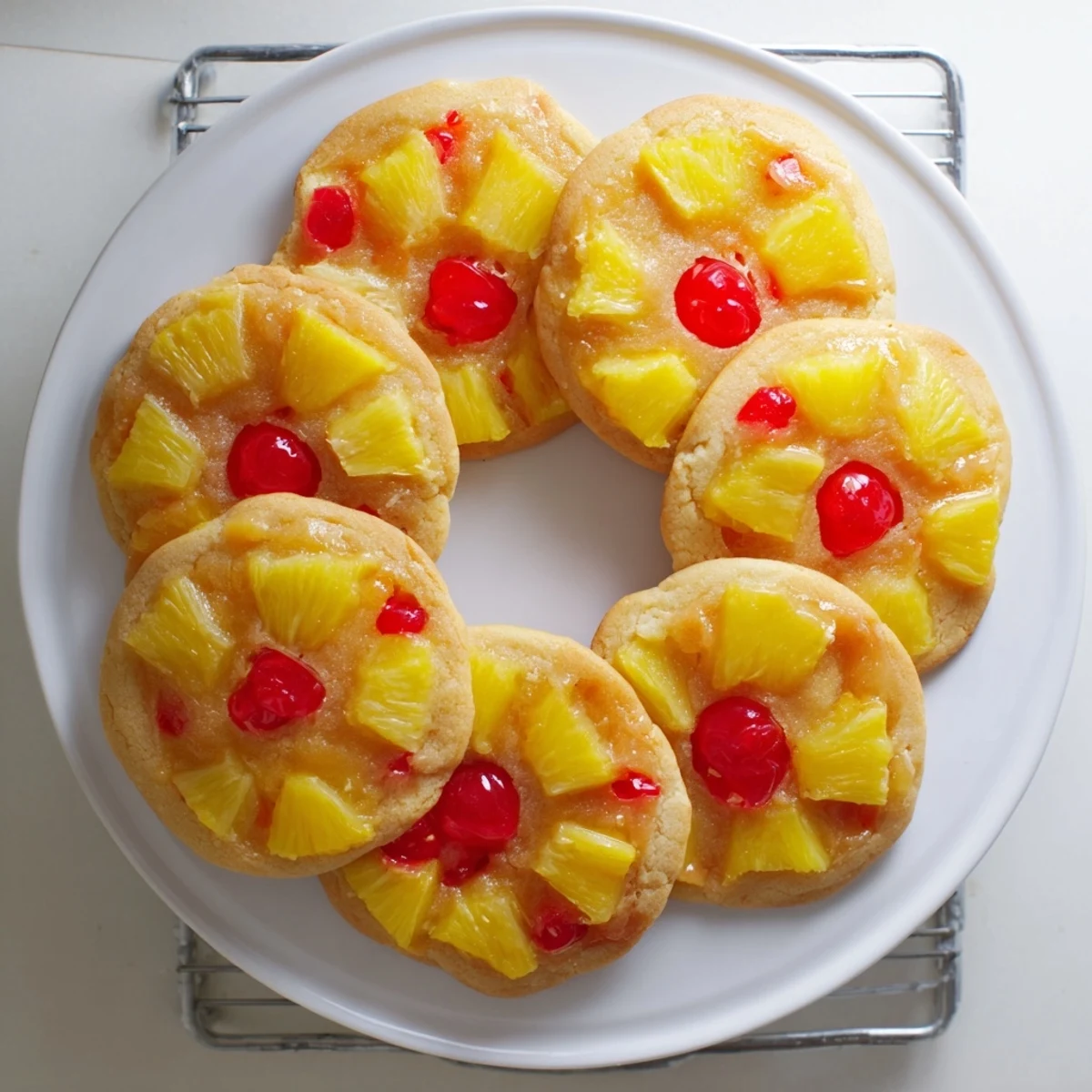 Freshly baked Pineapple Upside Down Sugar Cookies with caramelized pineapple and cherry halves glistening on a wire rack.