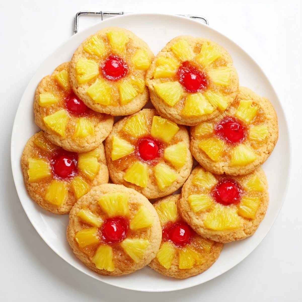 Close-up of Pineapple Upside Down Sugar Cookies revealing the caramelized brown sugar and pineapple topping against soft cookie texture.