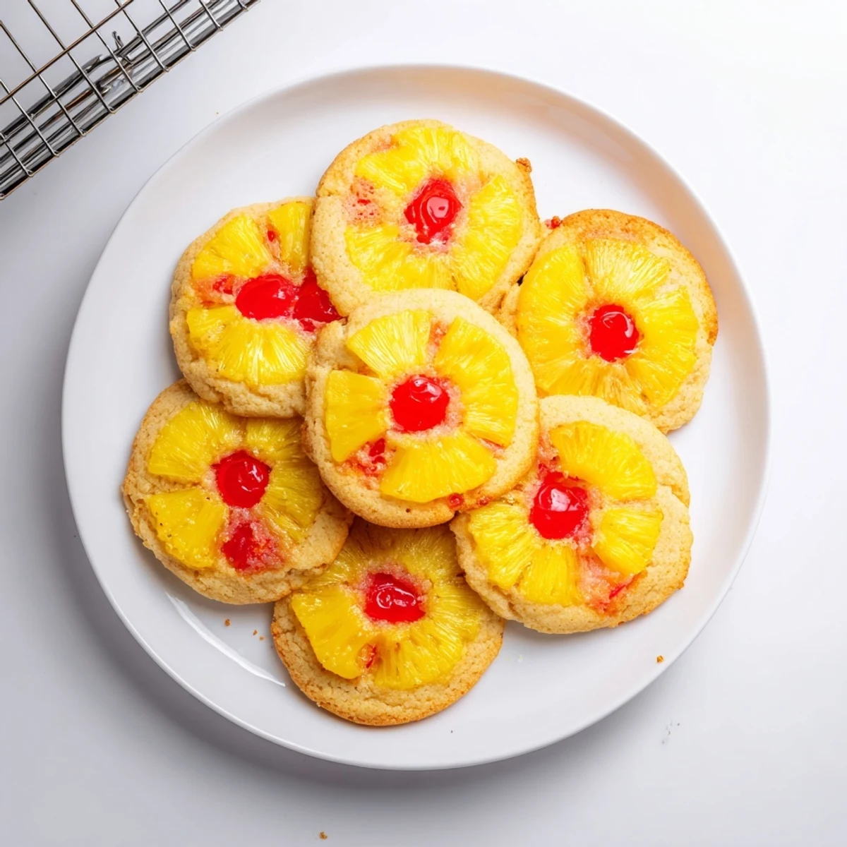 A stack of golden Pineapple Upside Down Sugar Cookies, topped with a scoop of vanilla ice cream and melting butter.