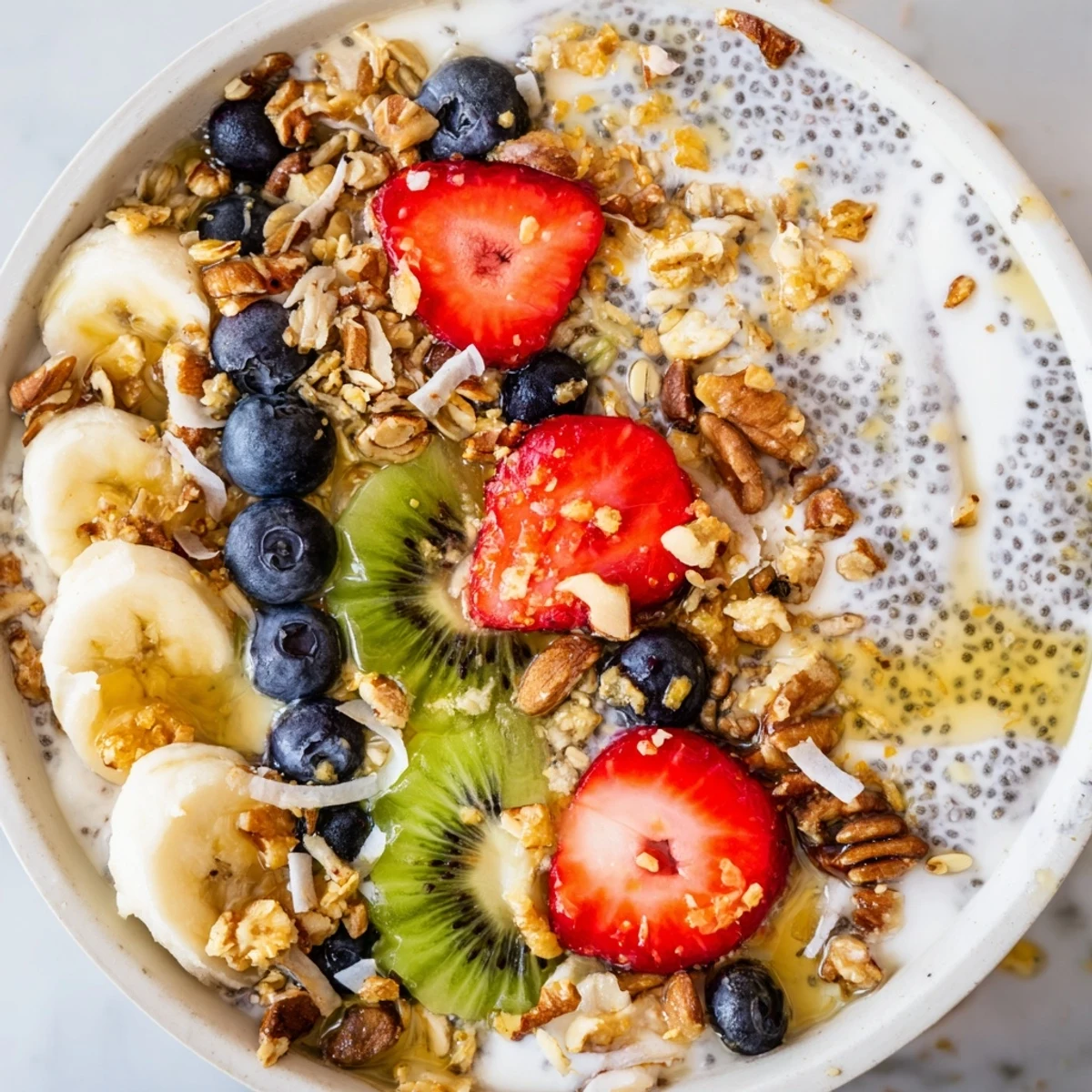 Bright Greek yogurt base with chia seeds topped with banana, strawberries, blueberries, and kiwi in a Healthy Breakfast Bowl.