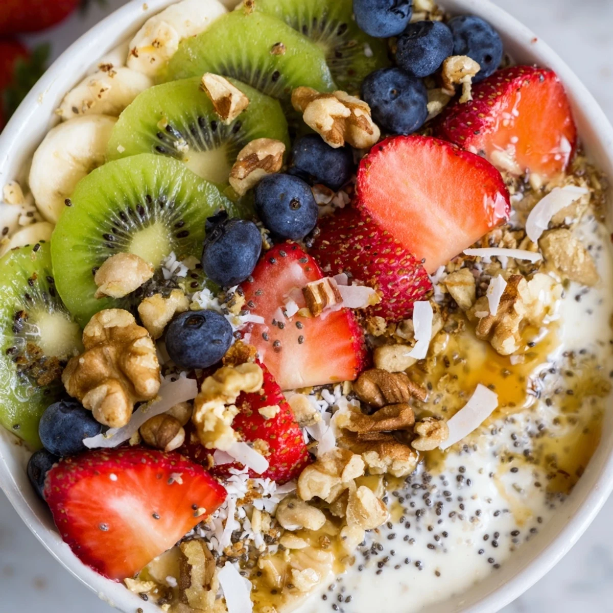 Colorful Healthy Breakfast Bowl with creamy yogurt, fresh fruit, and chopped nuts, served in a white ceramic bowl for a wholesome morning.