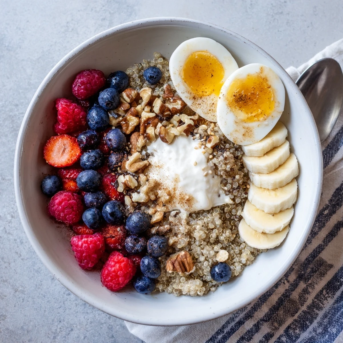 A colorful Dietitians Balanced Breakfast Bowl features quinoa, Greek yogurt, fresh berries, and soft-boiled eggs for a nutritious morning meal.