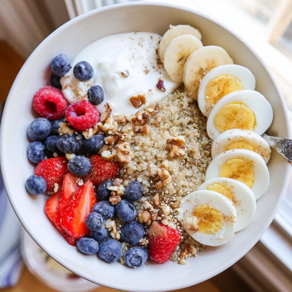 Two vibrant Dietitians Balanced Breakfast Bowls display sliced bananas, crunchy walnuts, chia seeds, and a drizzle of honey for an energized start.