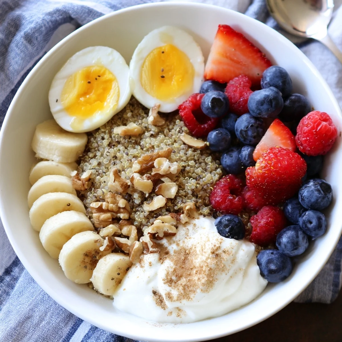 Close-up of a Dietitians Balanced Breakfast Bowl with Greek yogurt, mixed berries, boiled egg halves, and nuts on a rustic table.