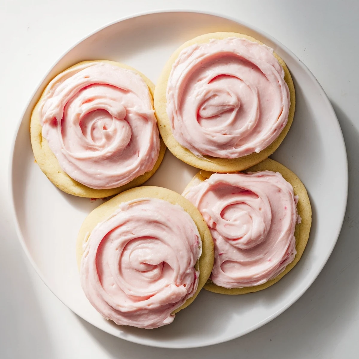 A stack of four giant chilled Crumbl sugar cookies with creamy pink vanilla frosting on a marble board.