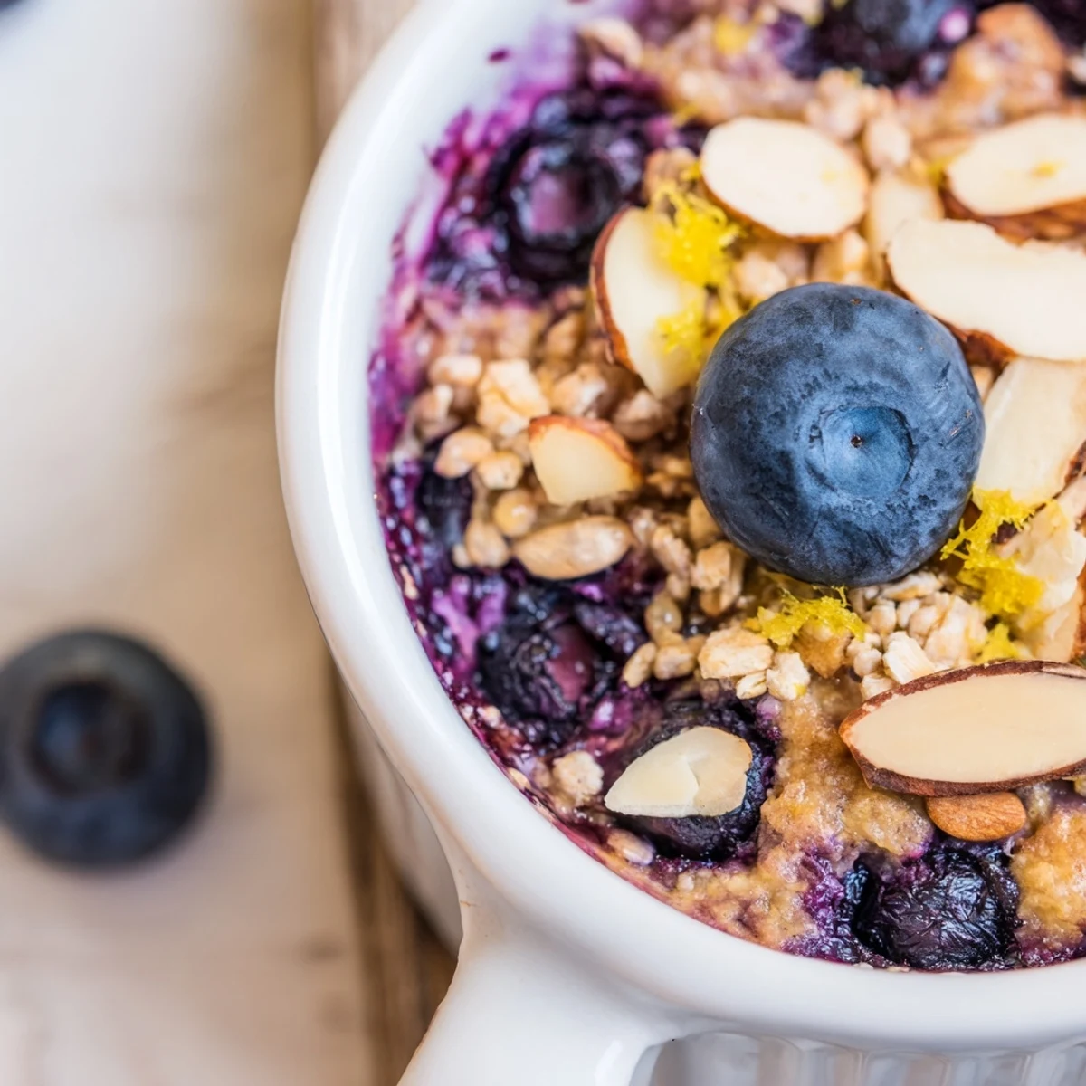 Golden-brown Baked Blueberry Cottage Cheese Breakfast Bowls with juicy berries bubbling on top, served warm in ramekins.