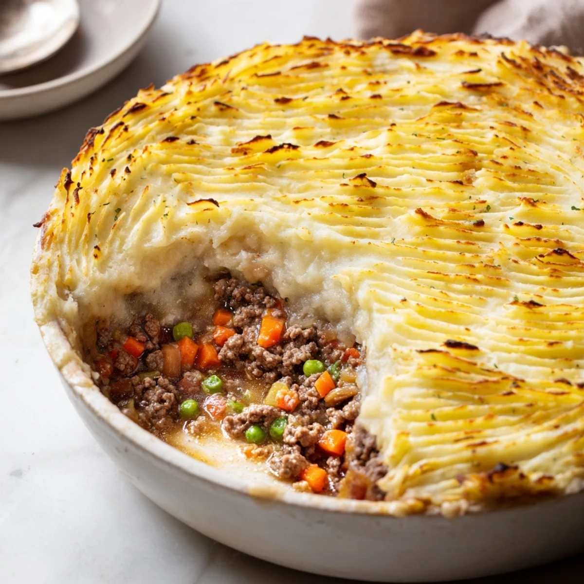 Golden-brown Shepherd's Pie with Creamy Garlic Mashed Potatoes in a baking dish, fresh from the oven.