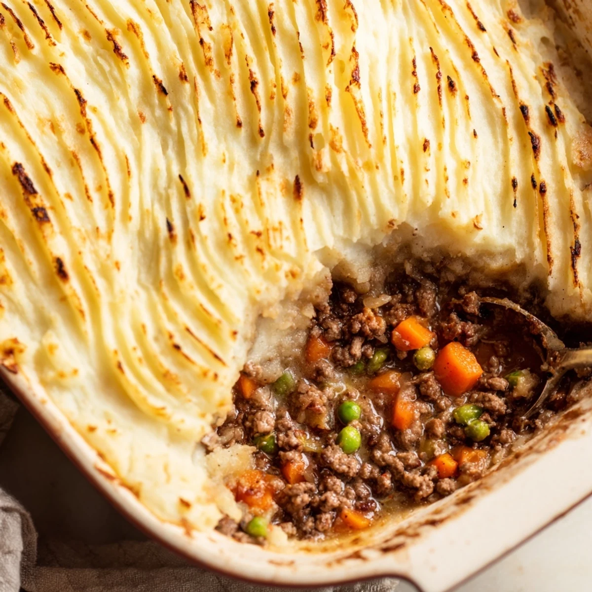 Close-up view of Shepherd's Pie with Creamy Garlic Mashed Potatoes, revealing the savory meat and vegetable filling.
