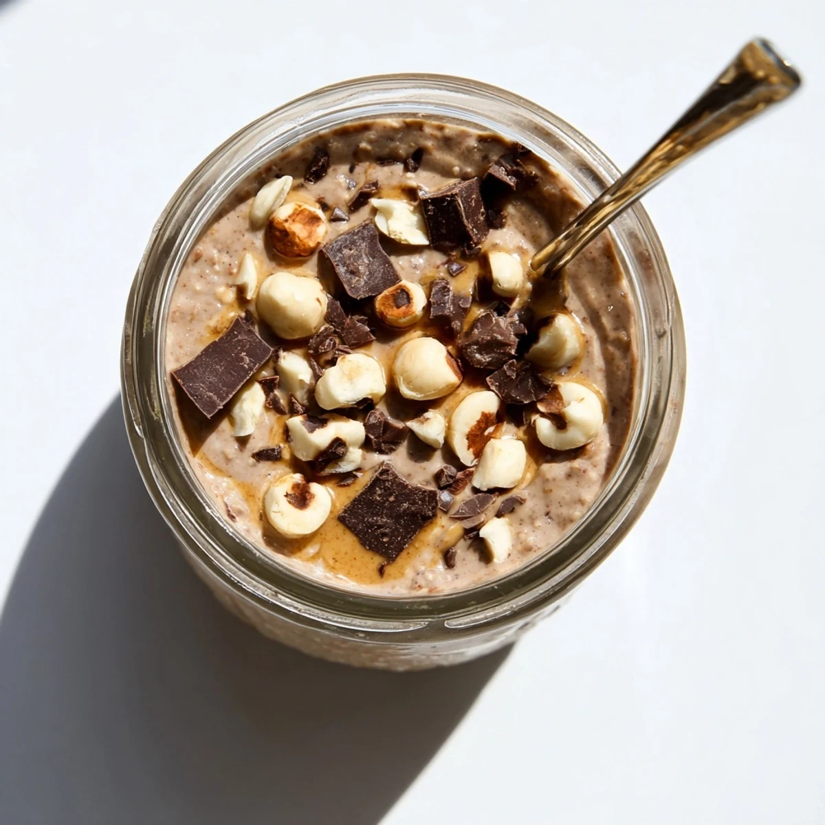 A creamy Ferrero Rocher Protein Overnight Oats breakfast jar with hazelnut butter swirls and cocoa
