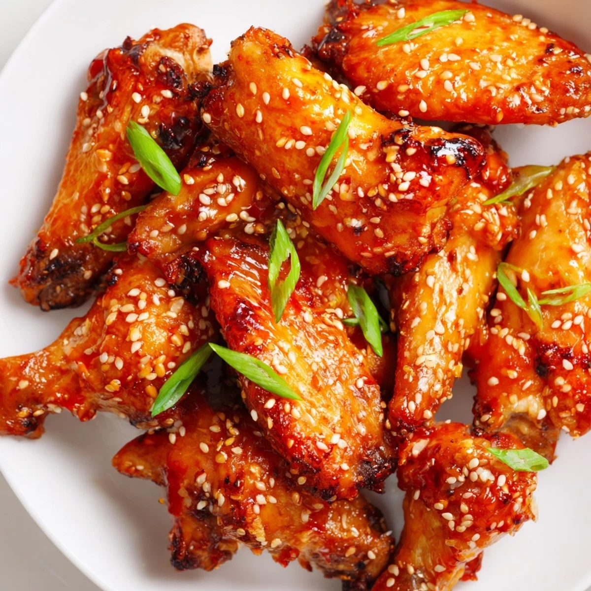 Glossy sticky orange chicken wings glisten on a platter garnished with sesame seeds and green onions for a party.