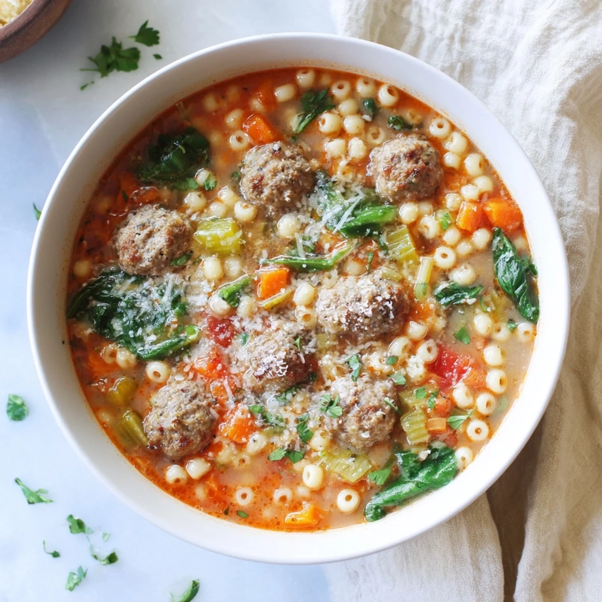 Creamy Italian Meatball Soup served in a rustic bowl, topped with Parmesan and fresh basil, with crusty bread on the side.