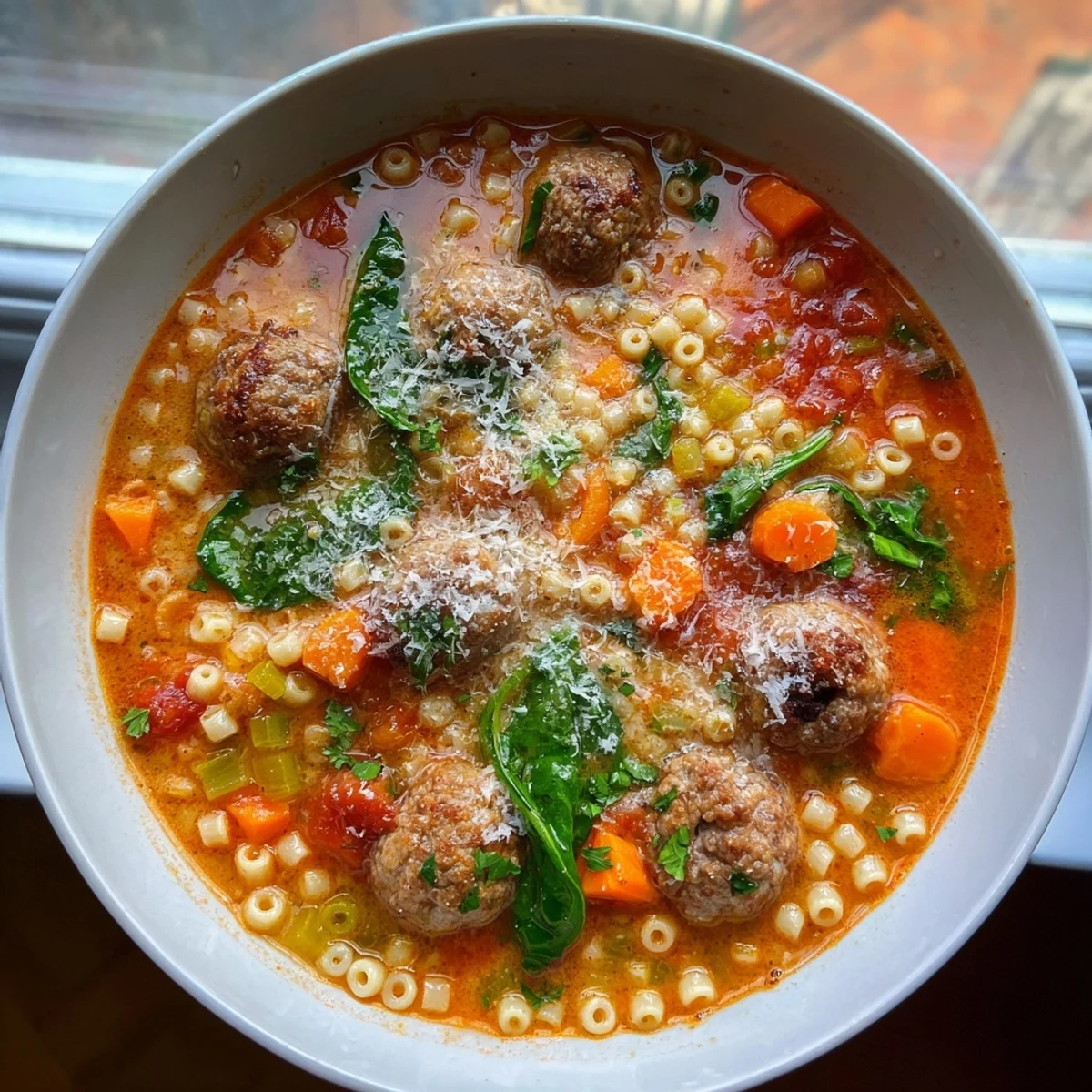 Close-up of Creamy Italian Meatball Soup with steam rising, showing pasta and vegetables in a hearty, creamy Italian-style broth.