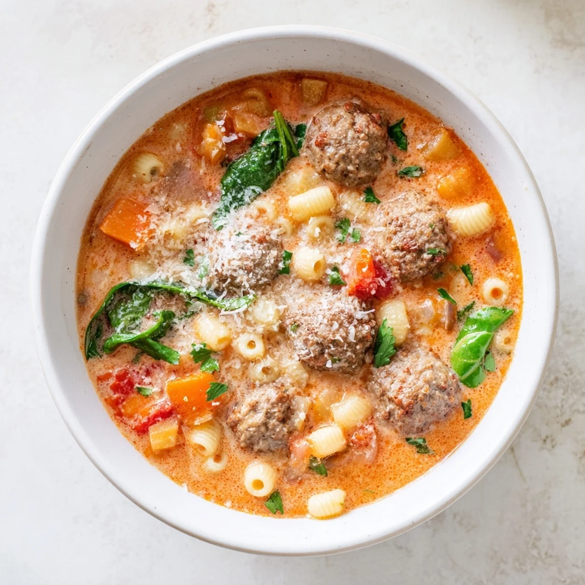 A comforting bowl of Creamy Italian Meatball Soup featuring tender meatballs and wilted spinach in a rich, creamy tomato broth.