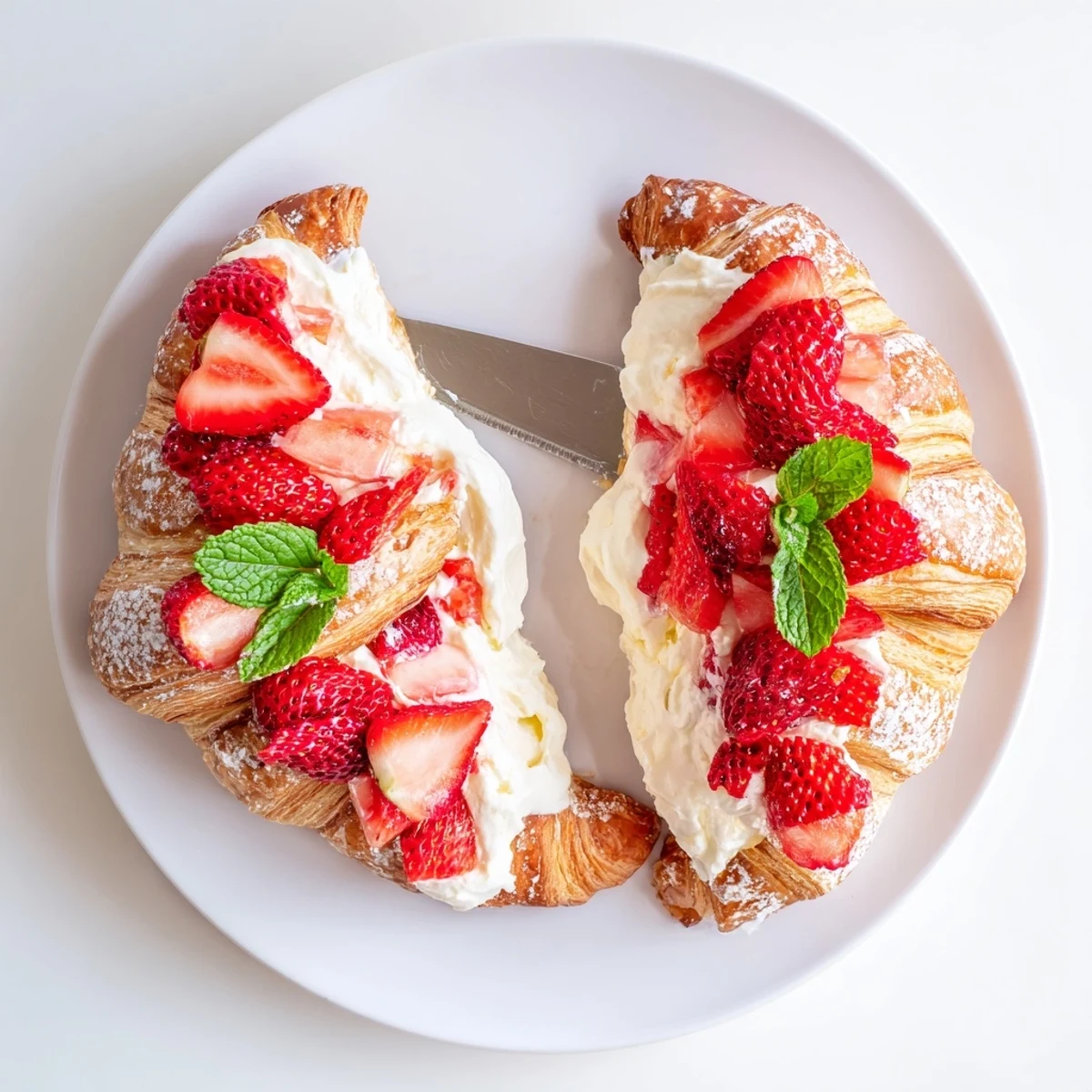 Golden-baked Strawberry Cream Croissant halves are filled with fluffy vanilla cream and juicy diced strawberries for a sweet breakfast treat.