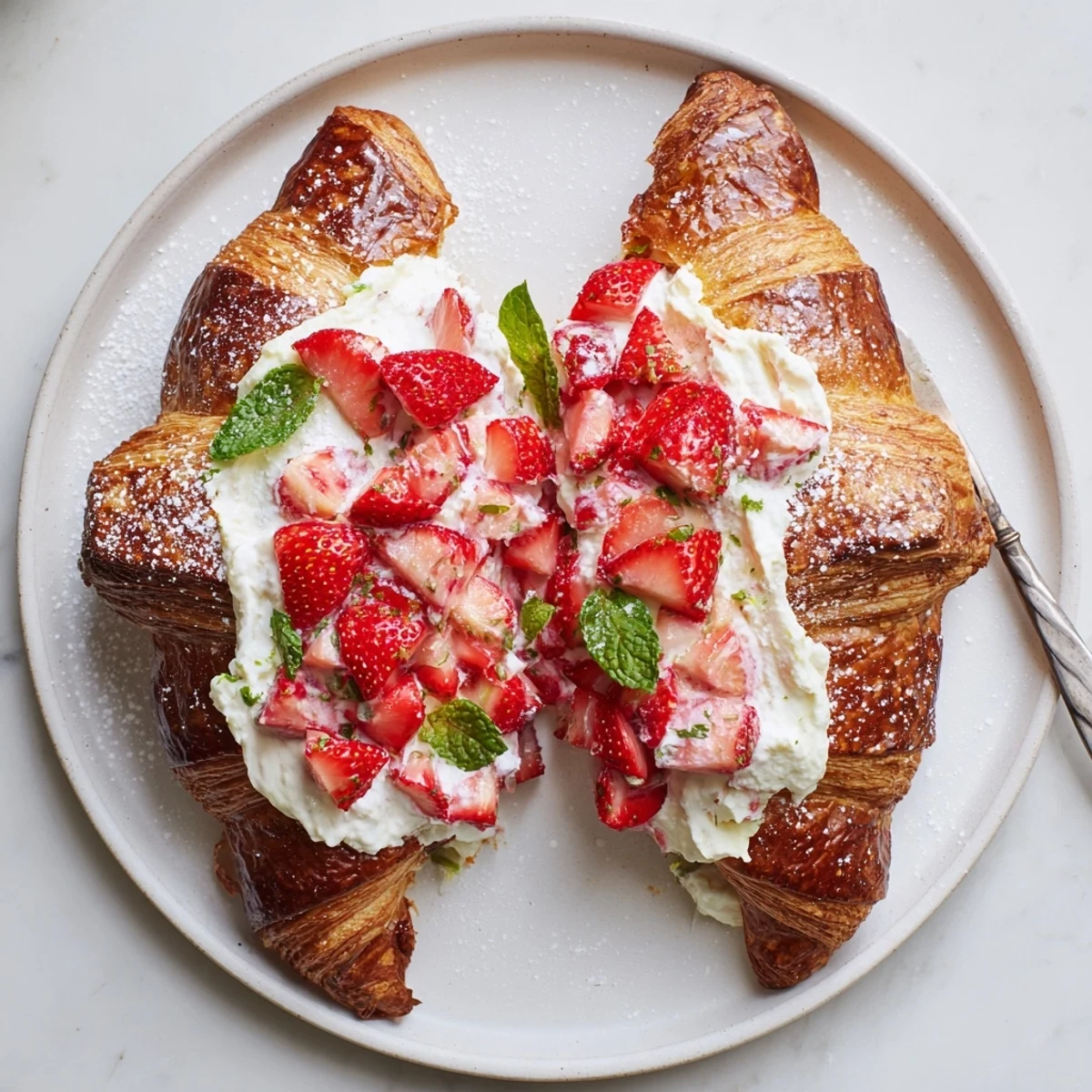 Close-up of a Strawberry Cream Croissant revealing layers of flaky buttery pastry and luscious strawberry cream filling on a brunch plate.