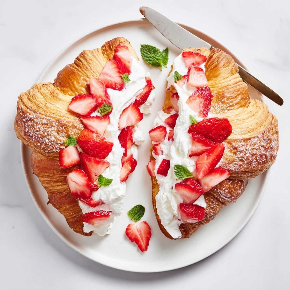 Fresh Strawberry Cream Croissant pastry dusted with powdered sugar and topped with sliced berries and mint leaves on a rustic wooden board.
