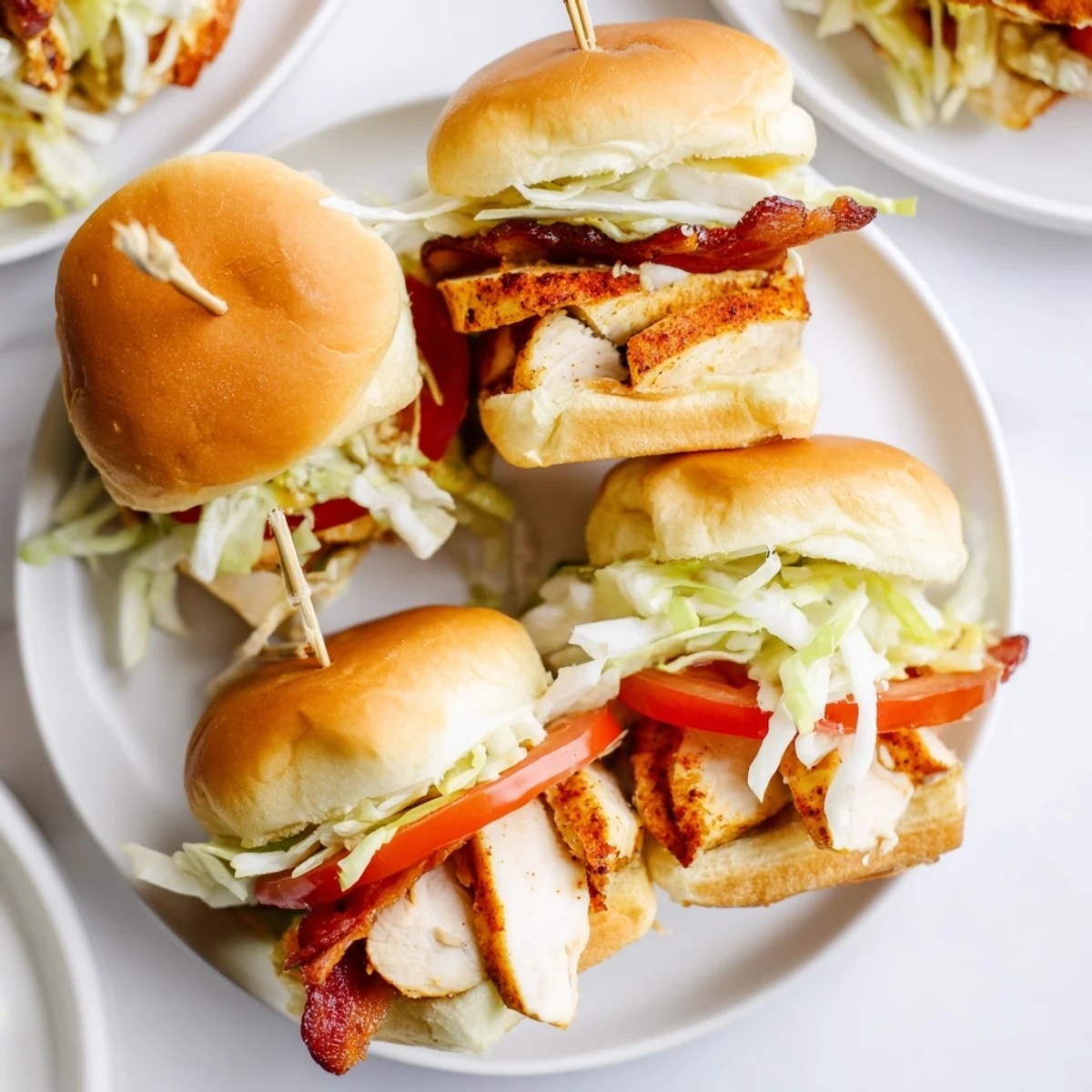 Golden baked chicken pieces with crispy bacon, fresh lettuce, and ripe tomato slices on toasted slider buns with honey mustard sauce.