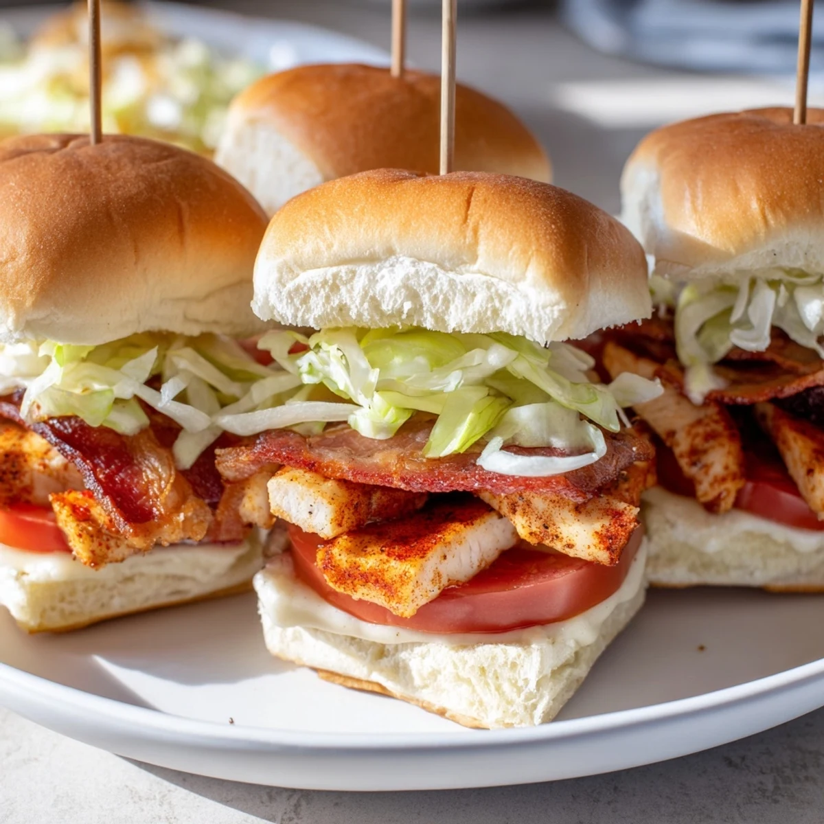 Juicy Honey Mustard BLT Chicken Sliders are stacked high and ready to serve for a family dinner or party spread.