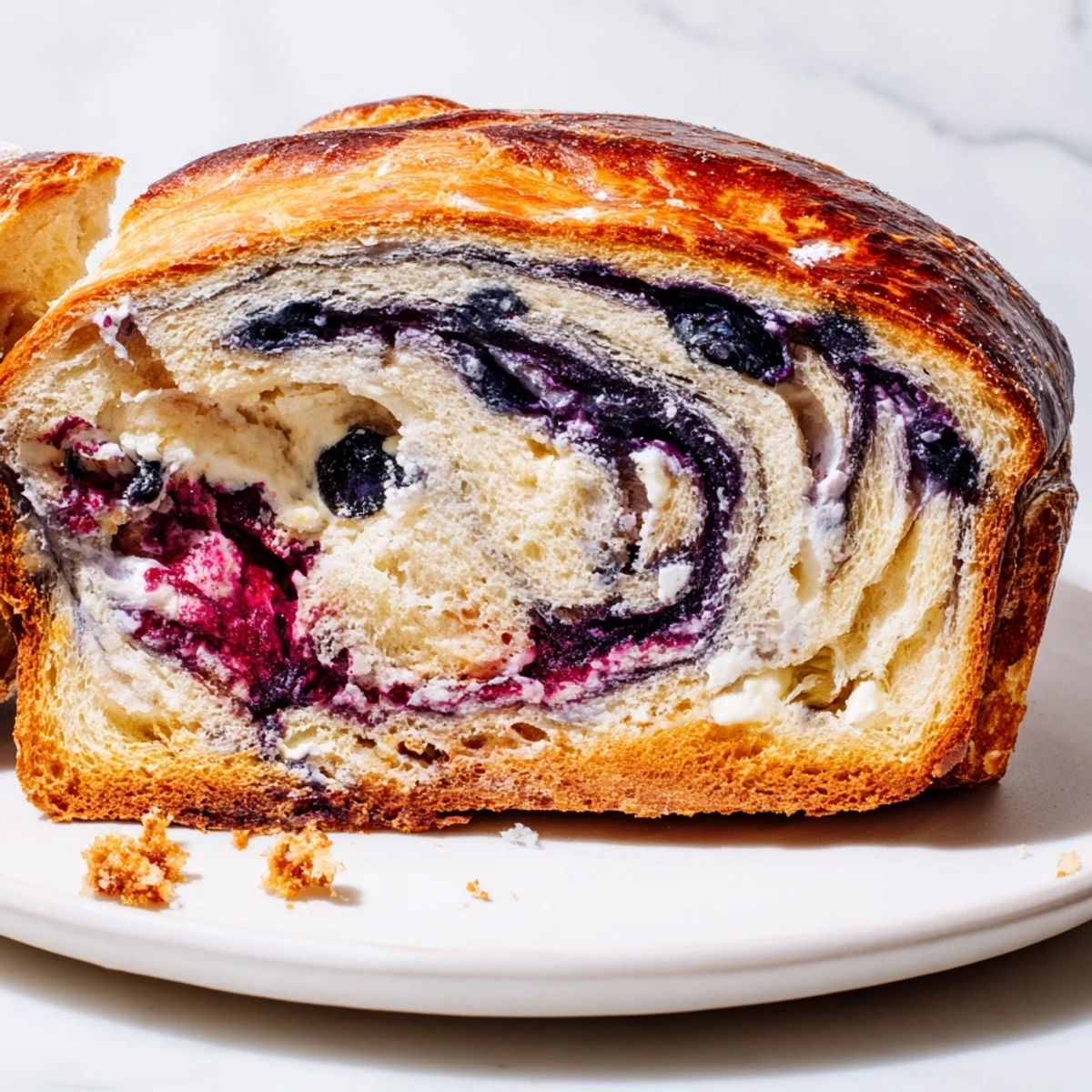 A slice of Blueberry Lemon Cream Cheese Sourdough bread shows swirls of blueberries and creamy filling.