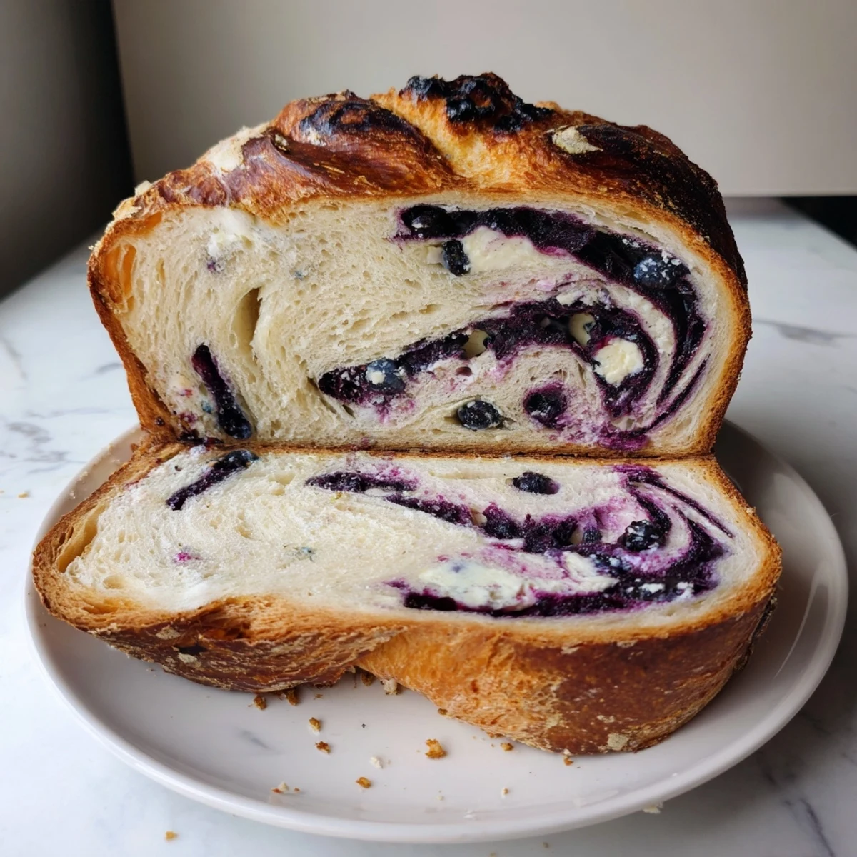 Golden Blueberry Lemon Cream Cheese Sourdough bread sliced, revealing juicy berries and tangy cream cheese pockets.
