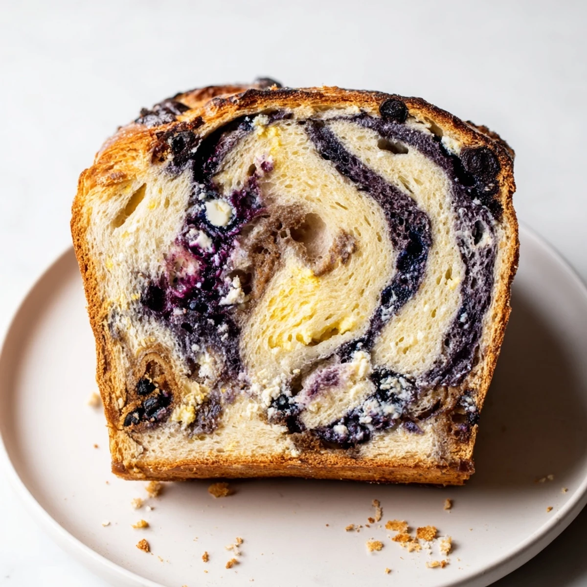 Fresh Blueberry Lemon Cream Cheese Sourdough loaf cooling on a wooden board with zest garnish.