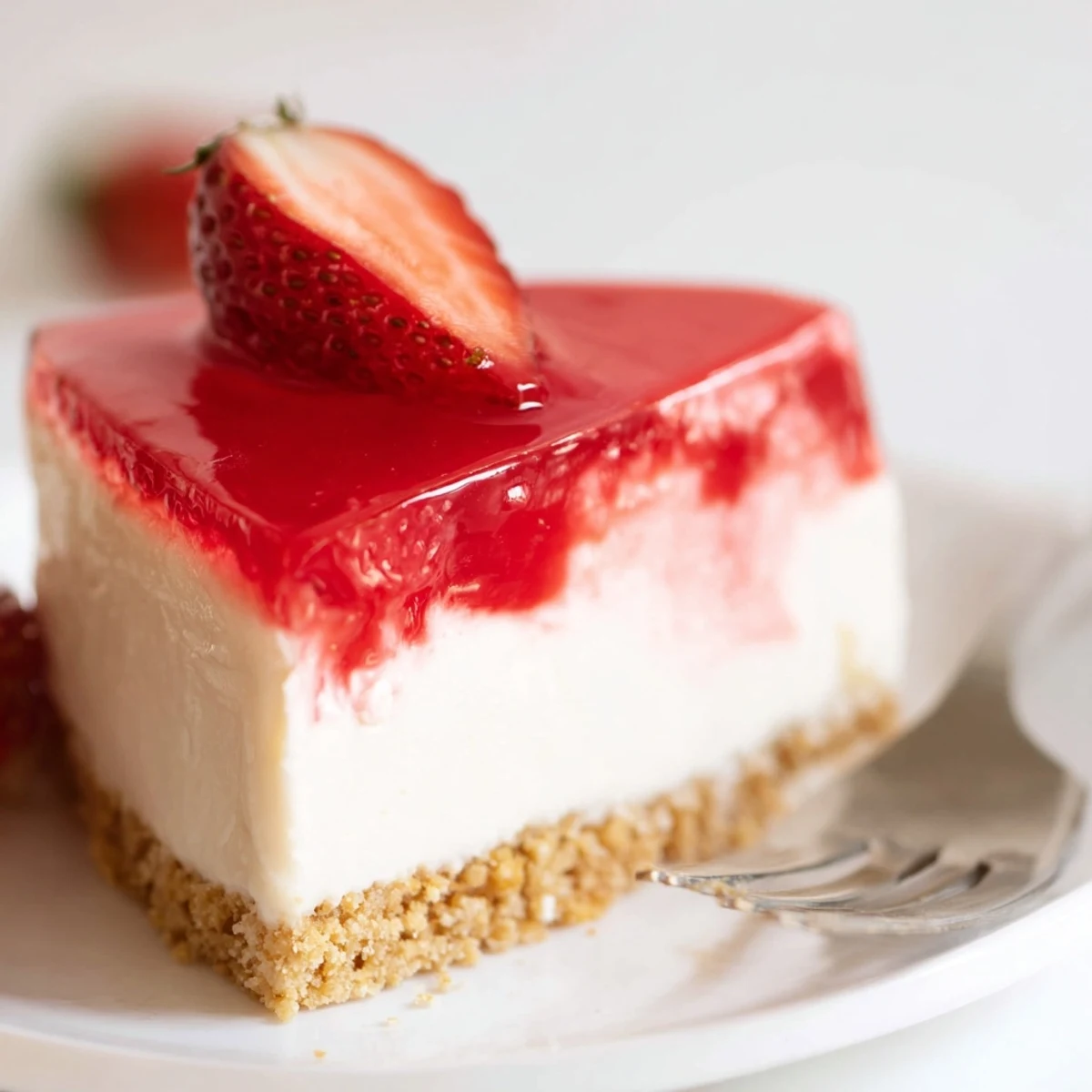 Creamy no bake Greek yogurt jello cheesecake with vibrant red fruit topping on graham cracker crust