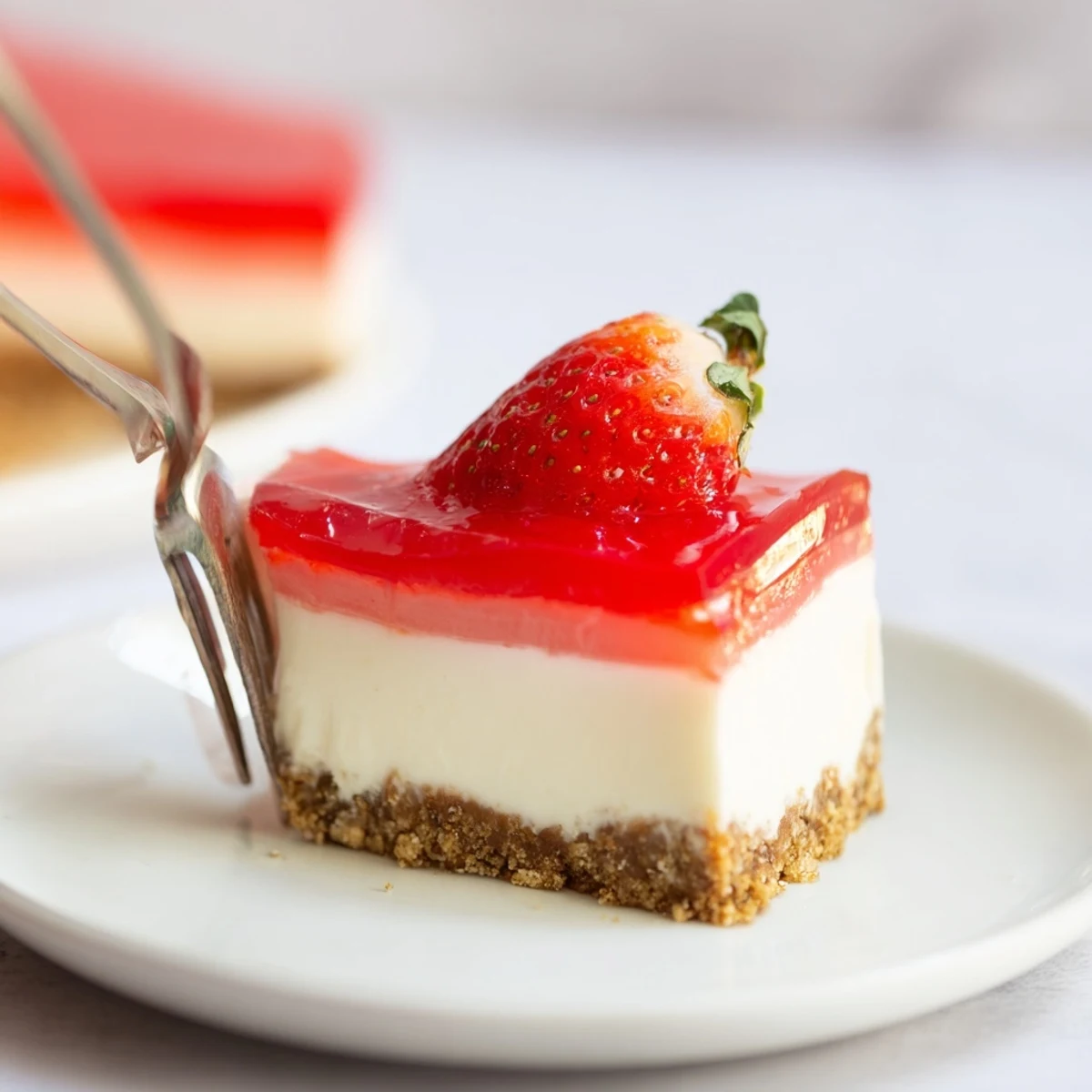 Slice of Greek yogurt jello cheesecake featuring translucent wobbly layer over smooth white cream filling