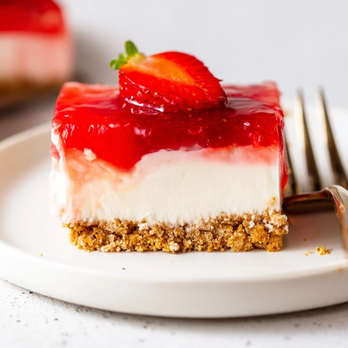 No bake Greek yogurt jello cheesecake square topped with fresh berries on buttery golden crust
