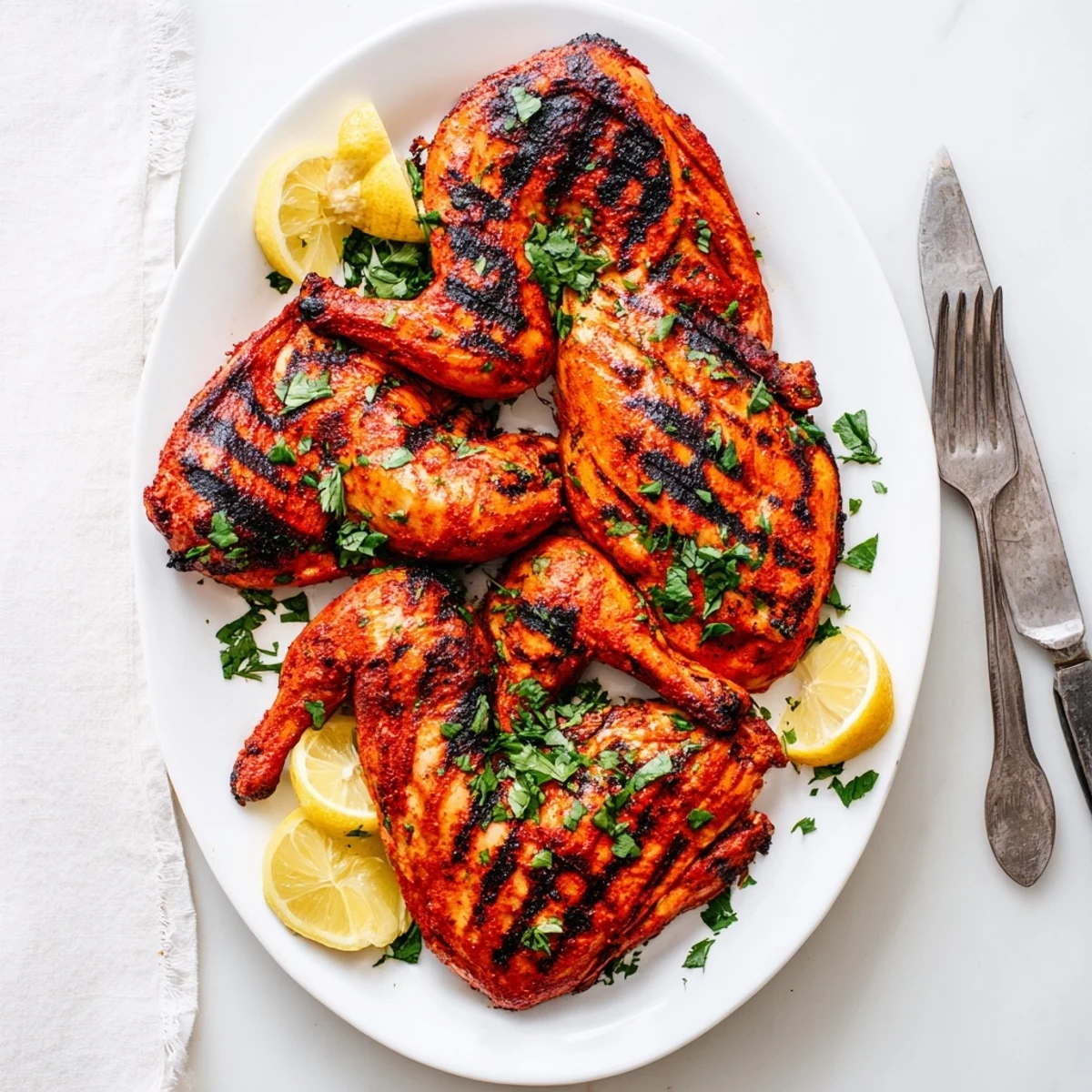 Tender Peri Peri chicken Portuguese style pieces garnished with parsley and served family style