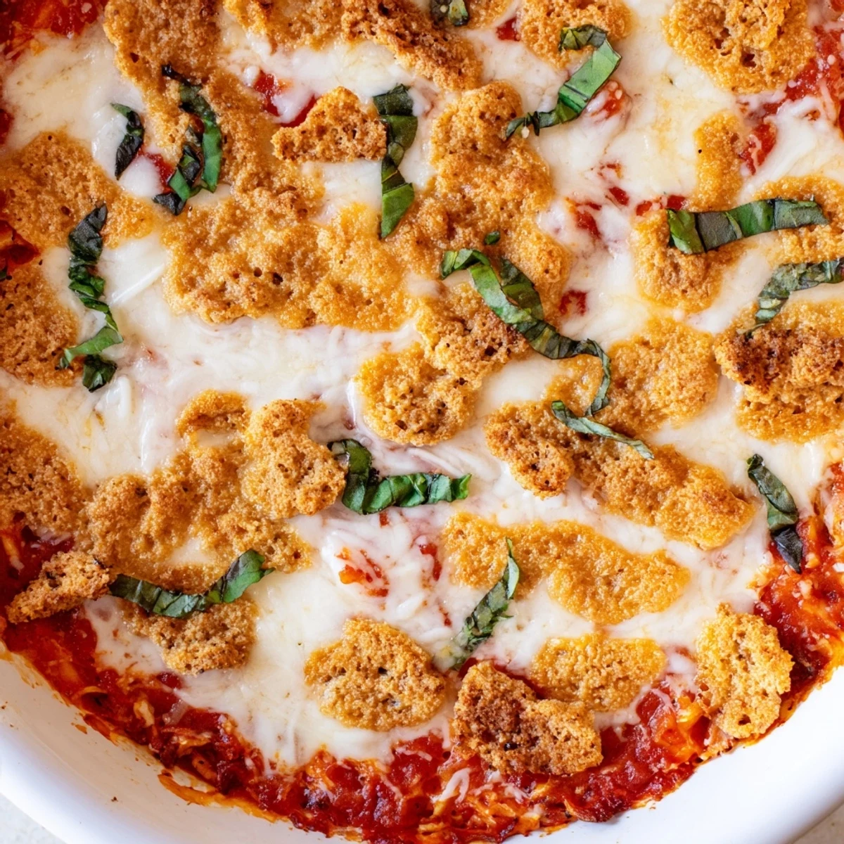 Golden bubbly keto chicken parmesan casserole topped with melted mozzarella and fresh basil garnish