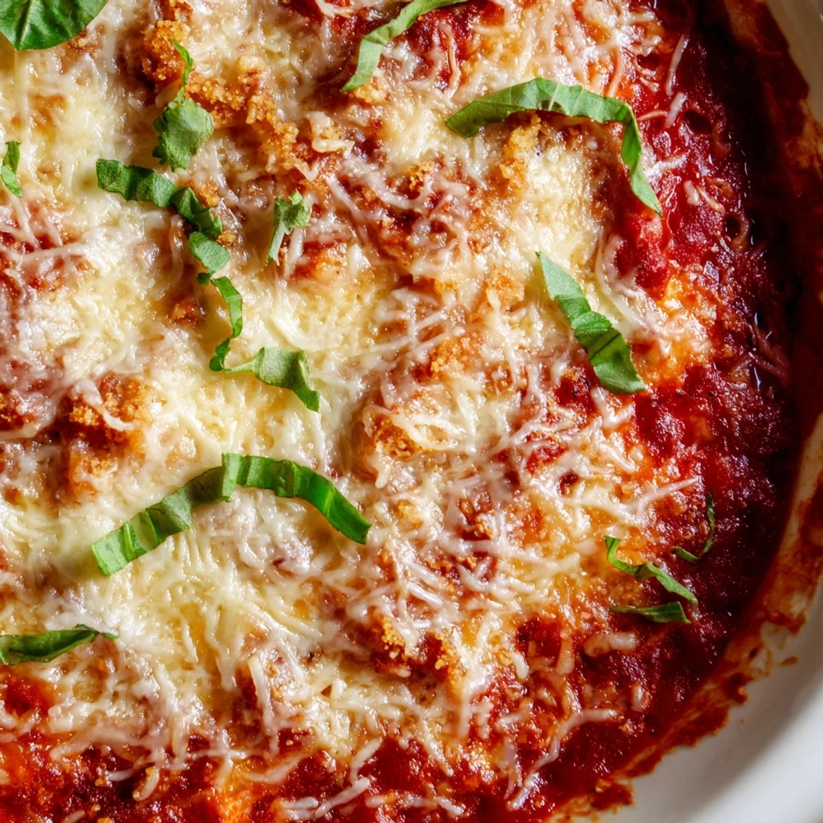 Creamy low-carb chicken parmesan casserole baked to golden perfection with bubbling marinara sauce