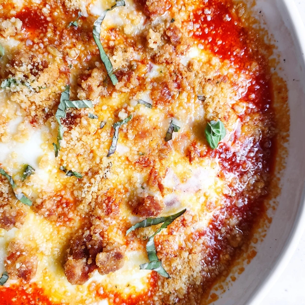 Baked keto chicken parmesan casserole with melted cheese topping and aromatic Italian herbs