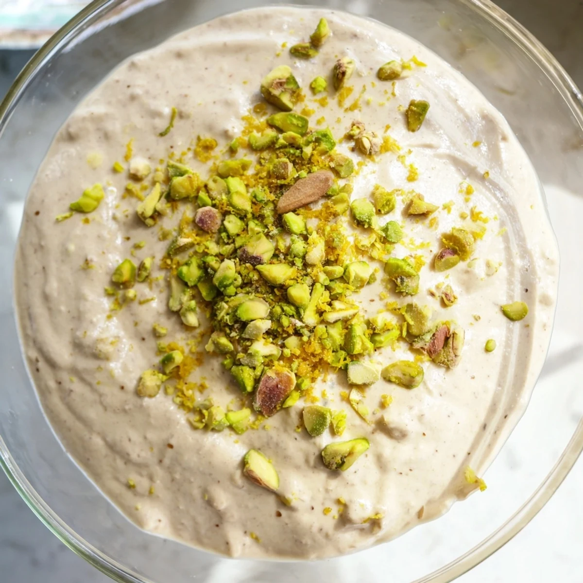Sweet Lebanese date orange blossom mousse garnished with chopped pistachios and citrus