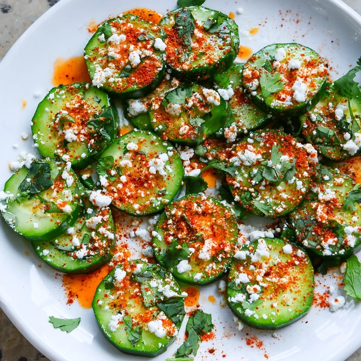 Crisp cucumber rounds coated in tangy lime, chili seasoning, and sprinkled with cotija
