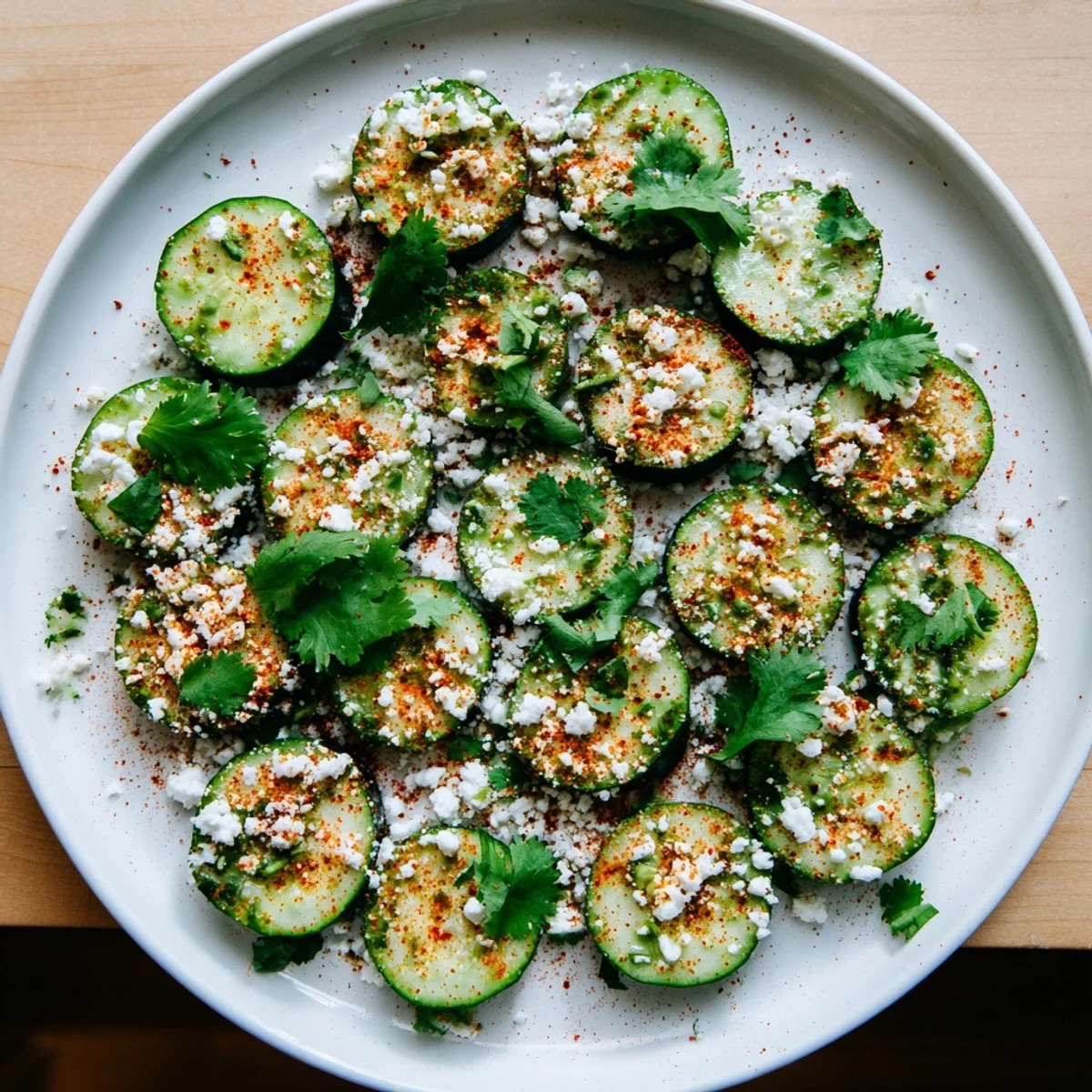 Vibrant Mexican style cucumbers arranged on a white plate with fresh cilantro garnish