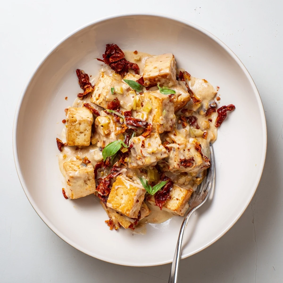 Creamy Marry Me Tofu plated over white rice with vibrant red tomato bits and green basil sprinkles