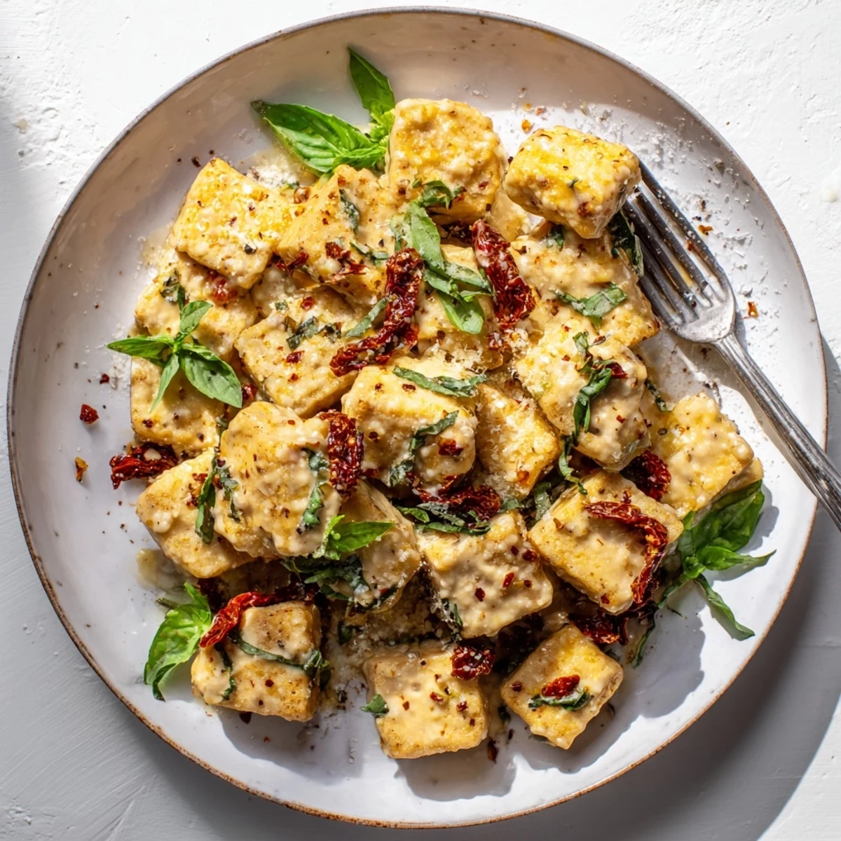 Golden crispy tofu cubes swimming in a rich sun-dried tomato garlic cream sauce with fresh basil garnish